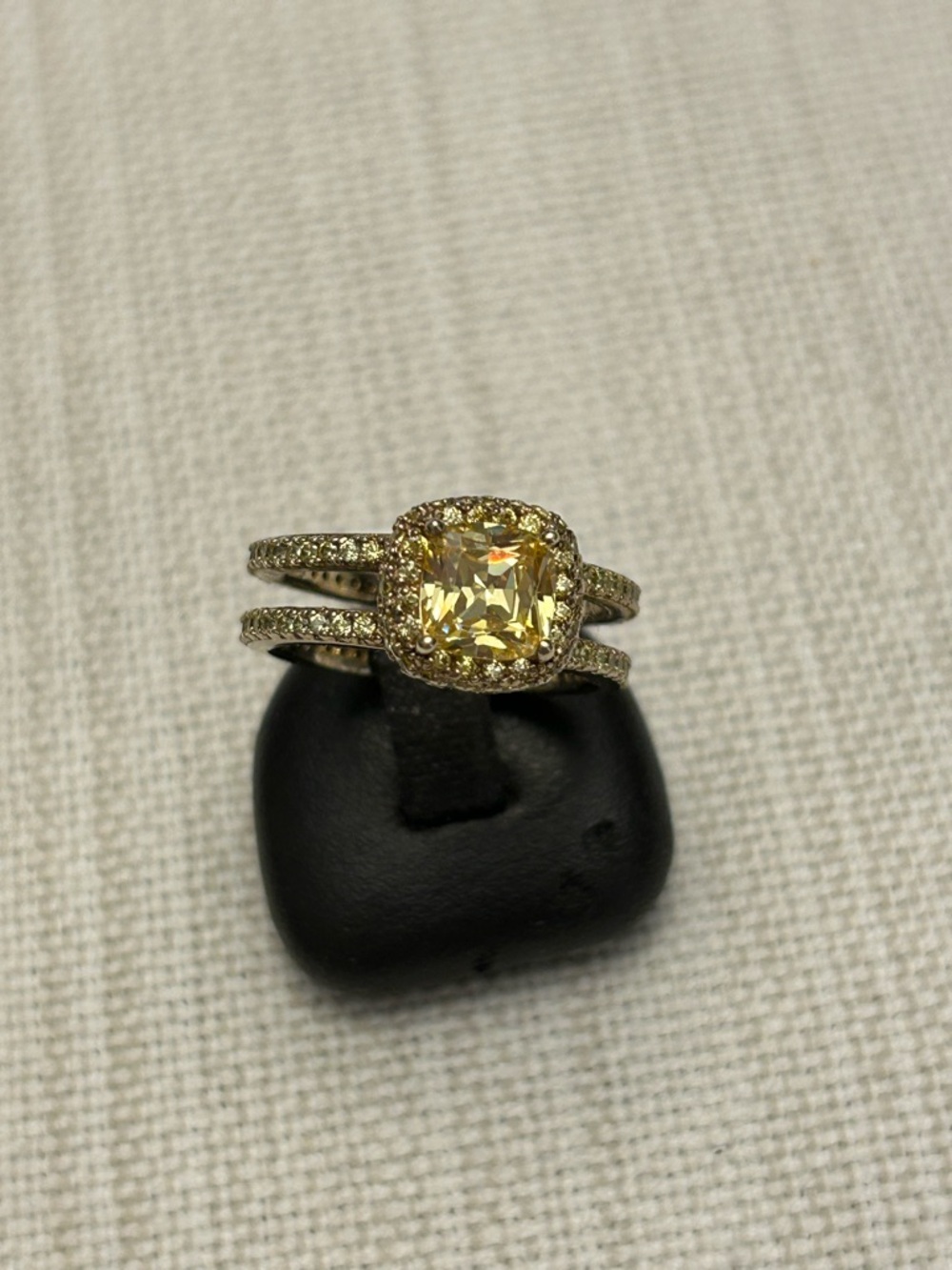 Yellow Cushion Halo Sterling Silver Ring with Pave Band